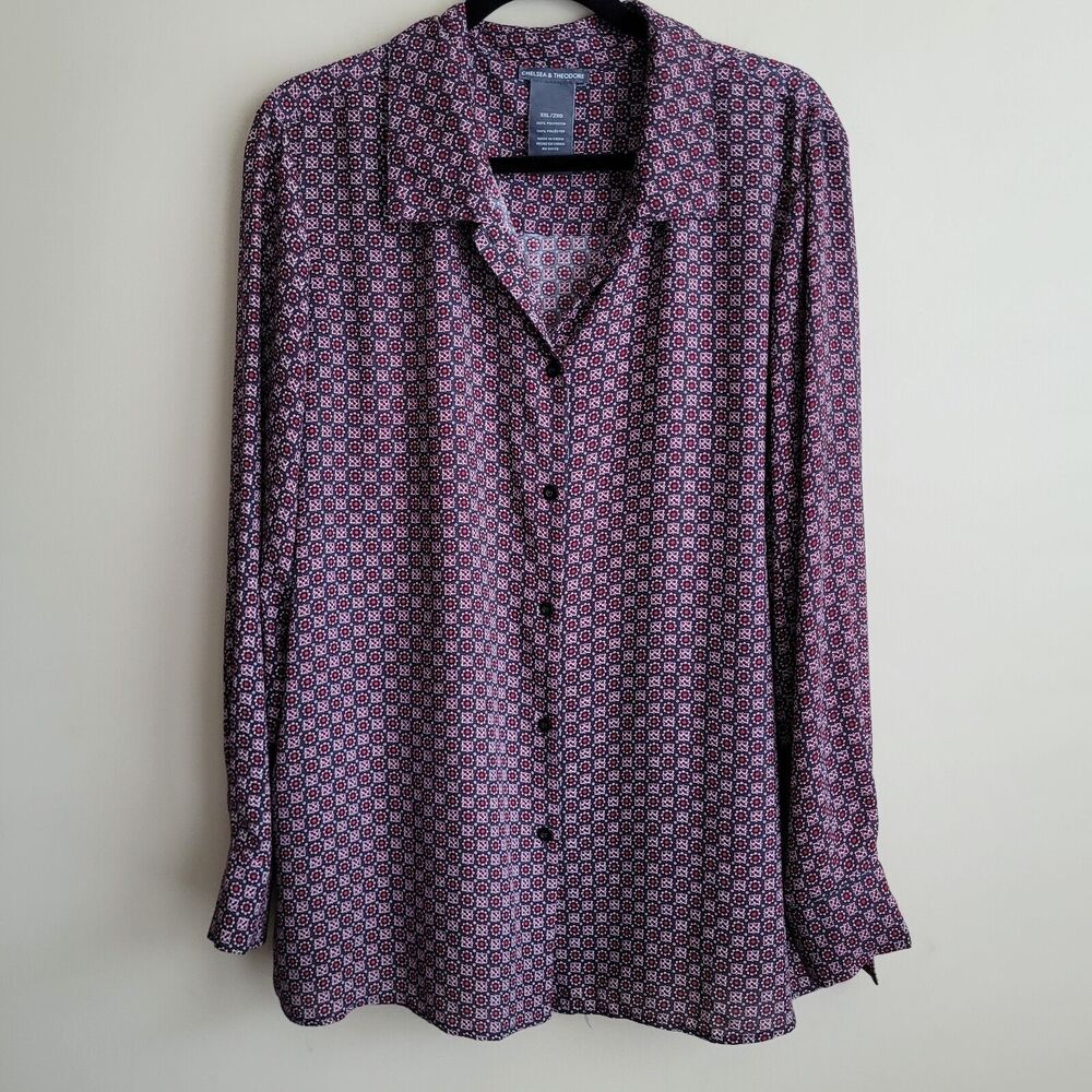 Chelsea & Theodore Womens Blouse Plus Size 2X Gray Burgundy Geometric Boho